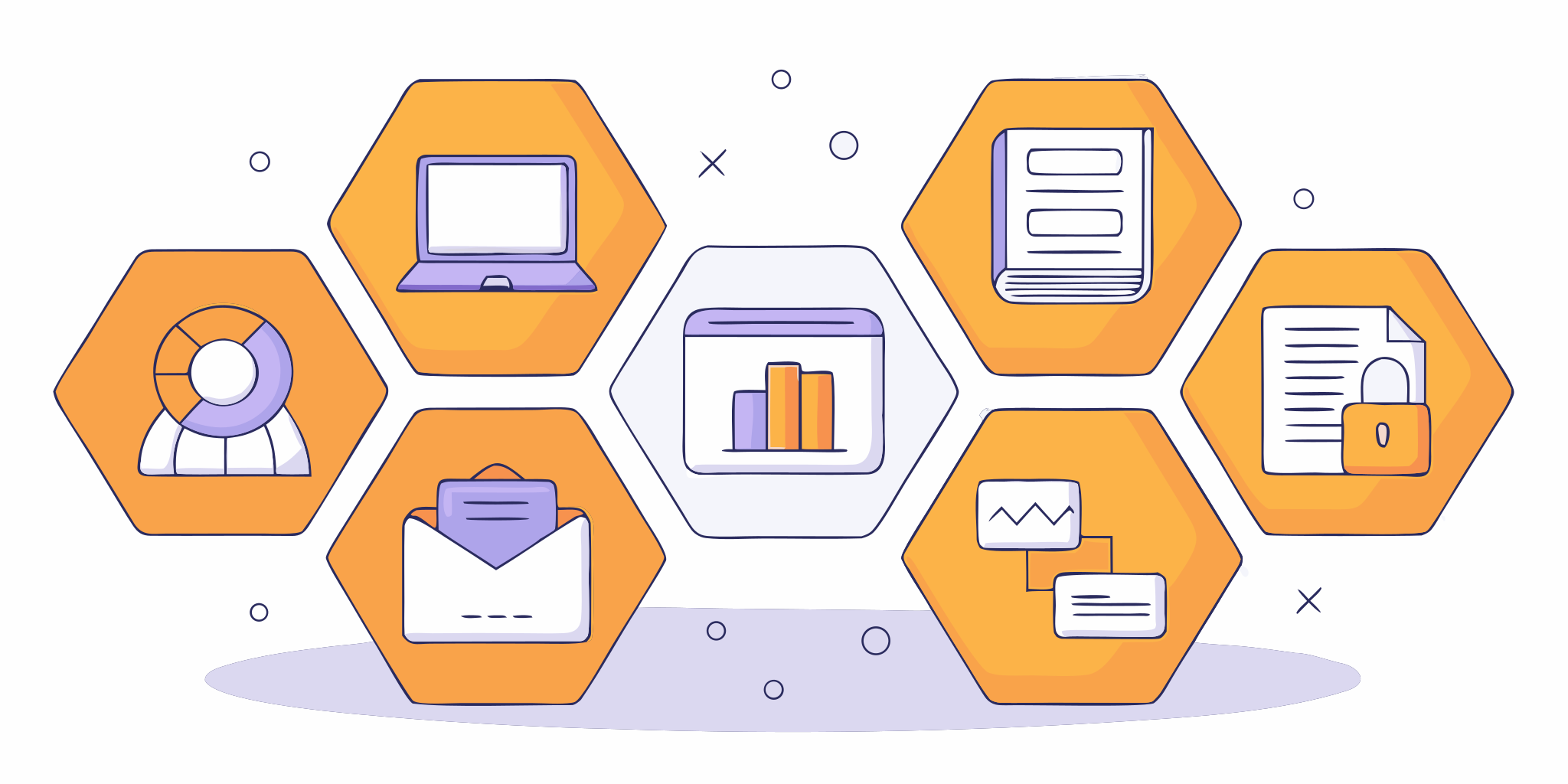 Hexagons with icons for the 7 best small business management software tools.