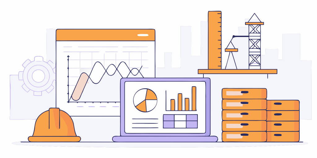Best construction invoicing software dashboard with a hard hat and project management icons.
