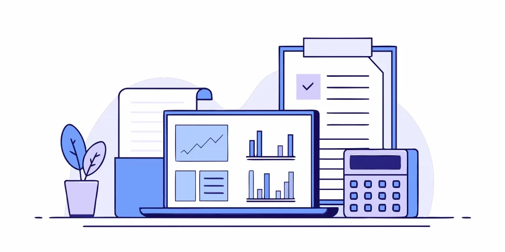 A laptop displaying an invoice for contract work, surrounded by a calculator, checklist, and documents.