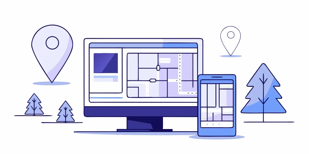 Local business listing management on desktop and mobile devices with map location icons.