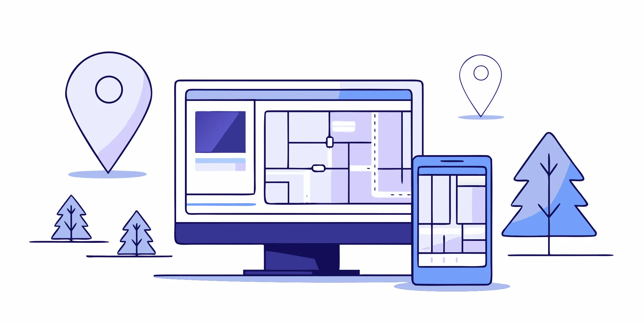 Local business listing management on desktop and mobile devices with map location icons.