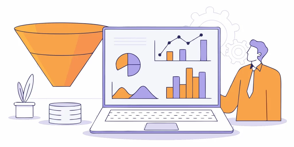 A businessperson reviews a sales funnel and charts showing proven lead nurturing examples that convert.