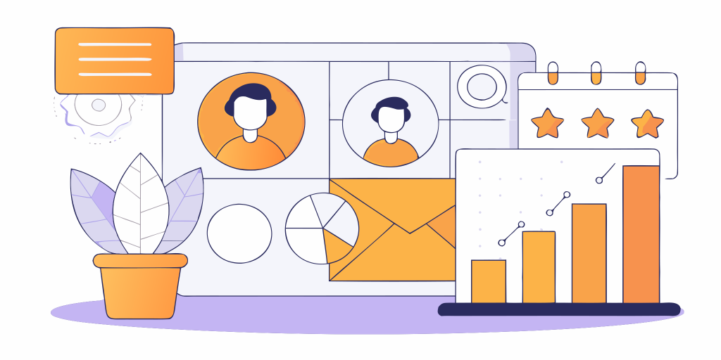 Dashboard of a top customer communication management software with charts, messages, and user icons.