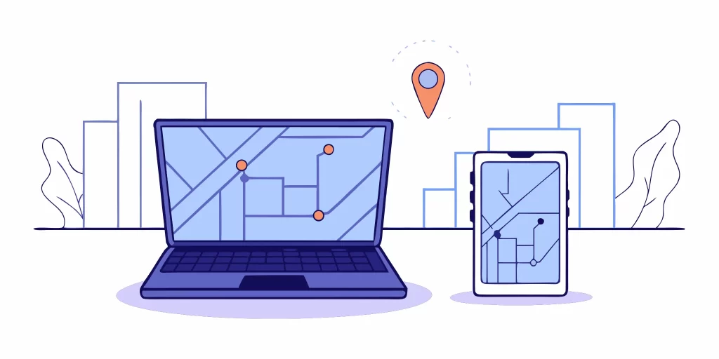 A local SEO AI platform on a laptop and phone, optimizing business locations on a map.